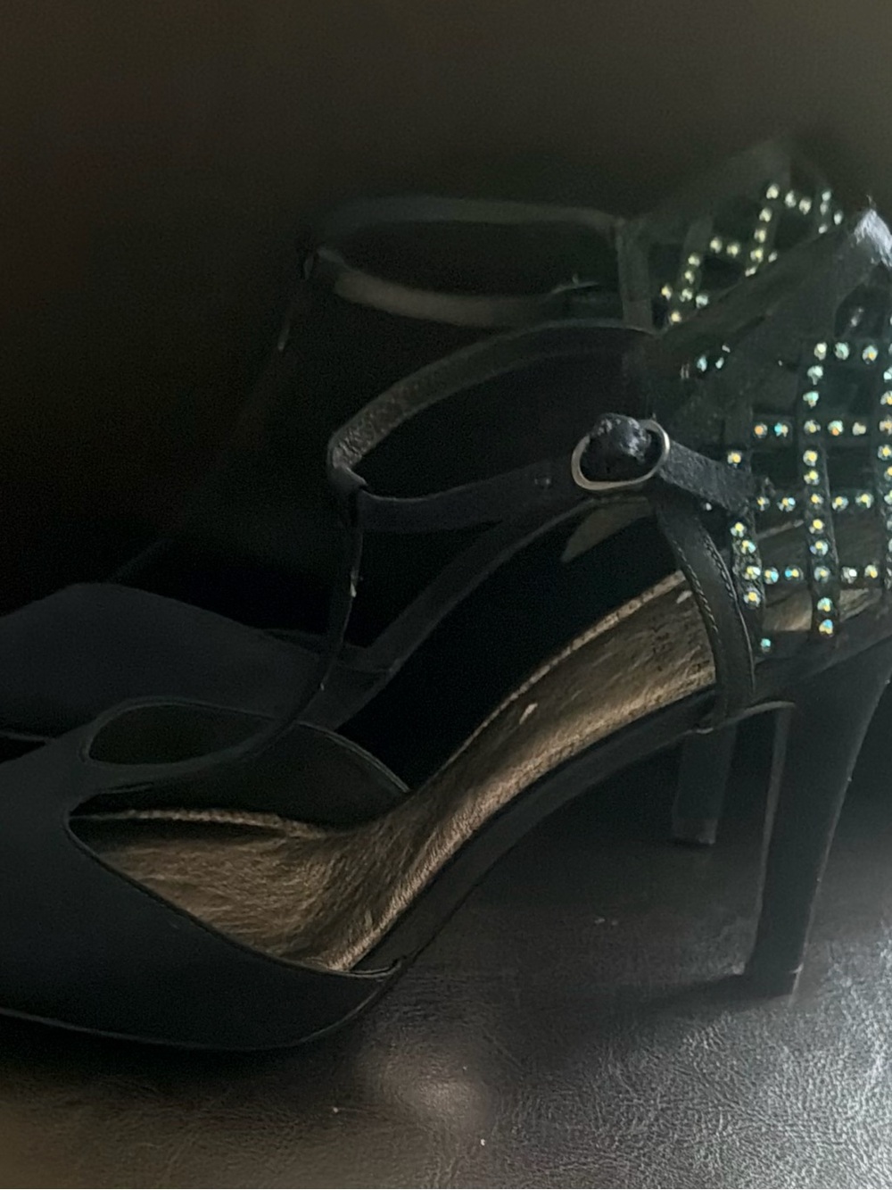 Adrianna Papell Black T-Strap Heels with Rhinestone Accents
